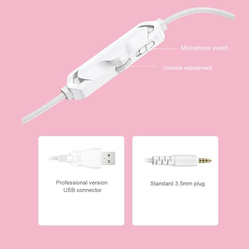 Image of Denash Cat Ear Headphones, Wired RGB Gaming Headset with Mic, Luminous Noise Reduction Over Ear Cute Headphones for Gamers (White Pink with Cat Ears Decor)