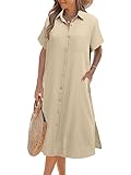 Zeagoo Women Summer Dress Casual Short Sleeve Button Down Collar Midi Shirt Dress with Pockets Apricot S