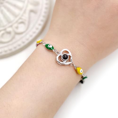 Image of 100 Languages I Love You Projection Heart Charm Evil Eye Chain Bracelet Adjustable Good Luck Jewelry Valentine's Day Anniversary Birthday Protection Gift for Women Mom Wife