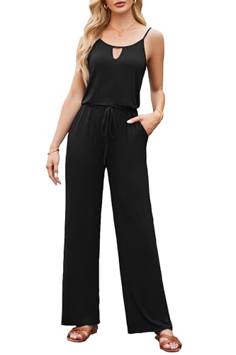 OUGES Damen Sommer Jumpsuit Ärmellos Overall Lang Hosenanzug Playsuit Casual Romper mit Taschen(Schwarz,M)