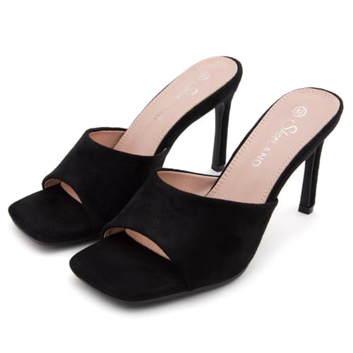 Image of Shoe Land Melrose Women's High Heels Stiletto Heeled Slides, Square Open Toe One Band Slip-On Heeled Mules - Dressy Clear Heeled Sandals for Prom Party Wedding and Vacation