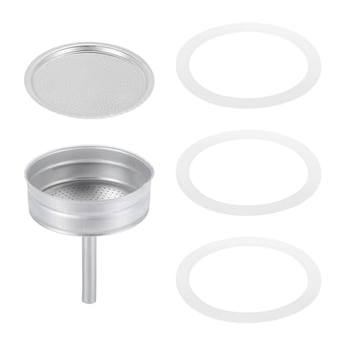 sourcing map Stovetop Espresso Maker Replacement Aluminium Coffee Pot Parts with 1pcs Filter and 3pcs Silicone Gasket Seals,1pcs Funnel 81x71x4mm for 12-Cup Mocha Coffee Maker Pot(Silver)