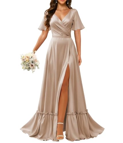 Vestido largo de satén plisado con cuello en V y manga flotante, para dama de honor, para mujer, marrón, 50