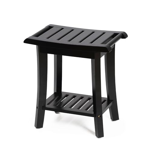 Bamboo Shower Bench Inside Shower Stool with Storage Shelf, Spa Bath Chair for Bathroom, Seat or Organizer for Living Room, Bedroom and Garden - Great for All Ages Unisex Elderly (Small, Black)
