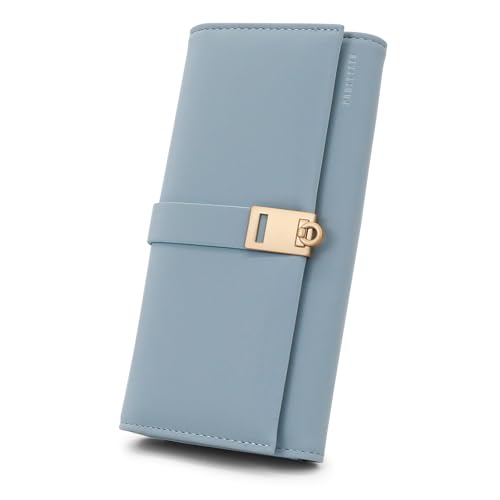 FuninCrea Womens Wallet Leather Credit Card Holder with 9 Credit Card Slots and ID Window, Large Capacity Womens Purses Long Ladies Wallet with 3 Cash Compartment and Zippered Coin Pocket (Blue)