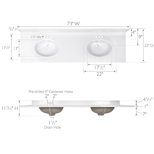Image of Design House Cultured Marble Vanity Top, 73 in W x 22 in D, 2 Integrated 4 in Centerset Oval Sinks & Backsplash, Solid White, 597468