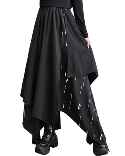 ellazhu Women's Baggy Irregular Patchwork Elastic Waist Ankle Maxi Skirt GZ73 A