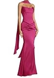 Vestido de dama de honor de satén para mujer con bufanda, vestido de noche, vestido de graduación, plisado, vestido de cóctel, talla grande, fucsia, 38