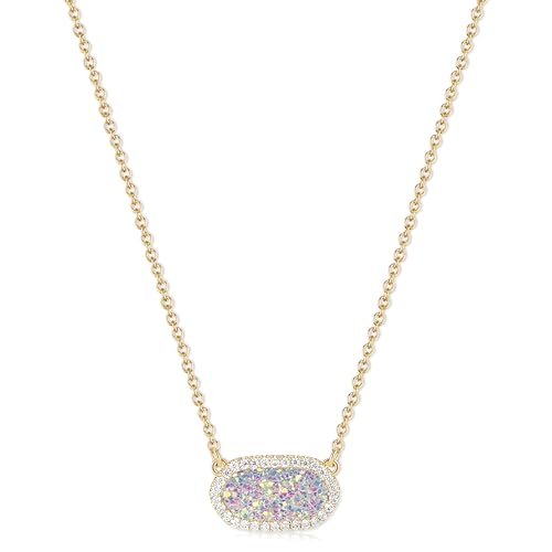 Tinkbush Pendant Necklace for Women 14K Gold-Plated Natural Gemstone 15 with 2.6 Extender Gift Box Velvet Pouch Christmas Birthday Party Gift For Women (HEXAGON-GOLD IRIDESCENT DRUSY)