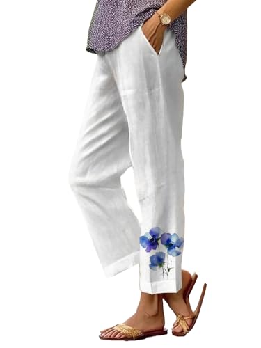 Women's Boho Floral Print Straight Leg Pants High Waist Elastic Baggy Trousers Summer Vacation Beach Pants with Packet