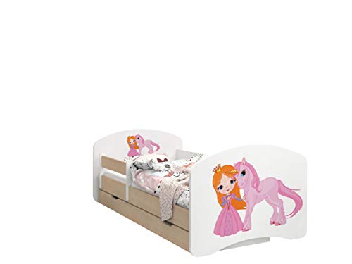 Happy Babies - Doppelseitiges KINDERBETT MIT SCHUBLADE Modernes Design mit sicheren Kanten und Absturzsicherung Schaumstoffmatratze 7 cm Leichte Birne (Prinzessin und Einhorn, 180/90)
