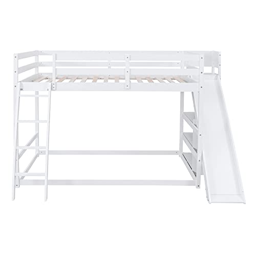 Image of Bellemave Bunk beds Full Over Full Size Slide and Stair, Low bunk Bed for Kids，White