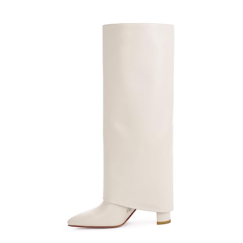 Image of Knee High Boots Women Fold Over Boots Chunky Heel Pointed Toe Tall Boots | Fashion Slouchy Boots,Side Zipper Shark Boots,Fall Spring Winter Fashion Dress Tall Boots,Evening Bridal office Long Boots
