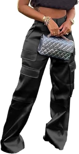 Satin Cargo Pants for Women High Waisted Multiple Pockets Wide Leg Trouser