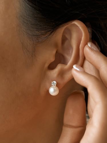 Fezgoat Pearl Earrings for Women-Dainty 14k Real Gold Plated Pearl Sterling Silver Post Trendy Diamond Stud Drop Earrings Bridal Wedding Jewelry2