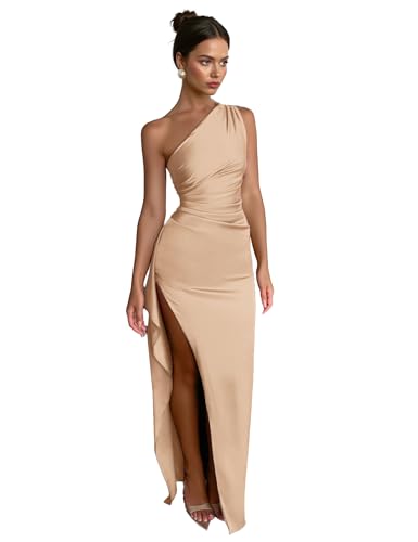 Womens One Shoulder Ruched Side Satin Wedding Guest Dresses