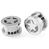 Pair of Star Tunnels Plugs Stainless Steel Screw Tunnels Ear Expander Stretcher Piercing Gauges With O-Ring Fashion Punk Black Minimalist Lucky Body Jewelry Gifts for Women Men (2g(6mm), Silver)
