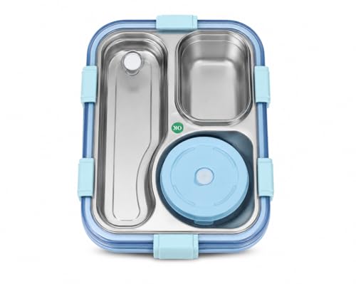 Image of Shark Doo Doo Bento 3 Compartment Stainless Steel Lunch Box with Steel Cutlery Inside | Heating & Water Insulation Design | Leak-Resistant | 750 ML | Office & School (Sky Blue)
