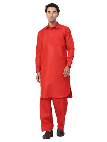 Image of Men's Traditional Pathani Kurta Salwar Set, Red, Long Sleeve, Collared Neck, Cotton Blend, Ethnic Wear