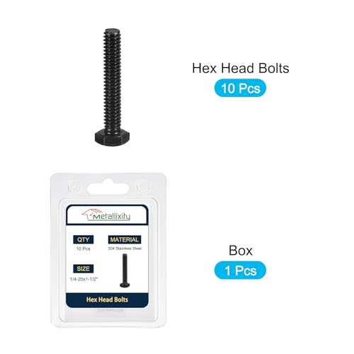 Image of METALLIXITY Hex Head Bolts (1 /4-20 x 1-1 /2 inch) 10Pcs, 304 Stainless Steel 18-8, Fully Threaded, External Hex Drive, Hex Head Screw Bolt, Black Oxide