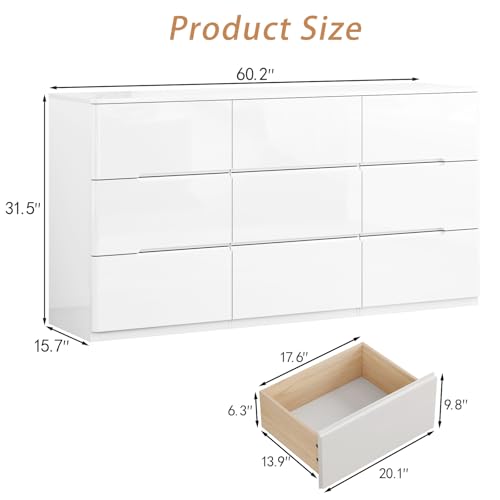 Image of White Wood Dresser, 9 Drawer Dressers for Clothes Storage for Bedroom, Modern Dresser with Wide Drawers, Wide Wooden Chest Drawers for Living Room, Entryway, TV Stand