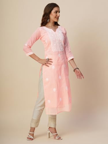 Image of RATAN Muga Cotton Straight Lucknowi Chikankari Ethnic Wear Kurta for Women