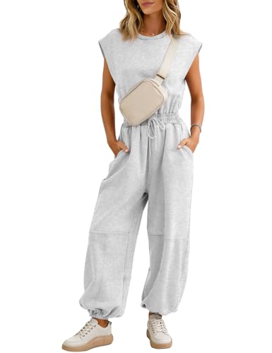 Flygo Womens Casual Jumpsuit Crewneck Cap Sleeve Long Wide Leg Pants One Piece Outfits Drawstring Romper with Pockets(LightGrey-XS)