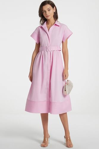Image of Ladyful Women Casual Button Down Shirt Dress Short Wing Sleeve Buiness Midi Shirt Dress with Belt Elegant Dress