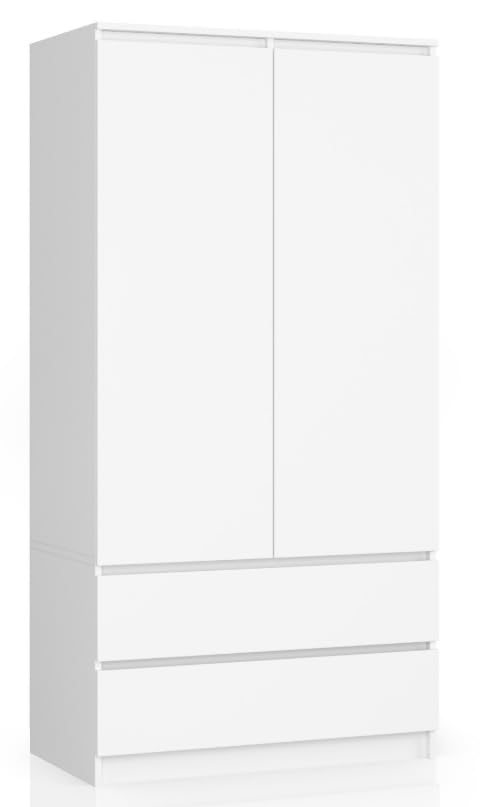 BDW Kleiderschränk 2 Türen, 4 Einlegeböden, Kleiderständer, 2 Schubladen, Garderobenständer, Schubladenschrank, Garderobenschrank für Schlafzimmer, Wohnräume, 180x90x51cm, (Weiß)