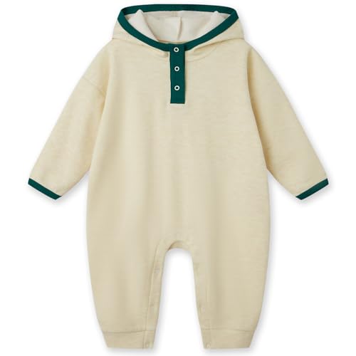 Image of SENSENG Long Sleeve Neutral Baby Romper with Snap Placket and Hoodie for Baby Boys and Girls