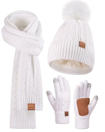 Winter Beanie Hat Scarf Gloves Set for Women, Pom...