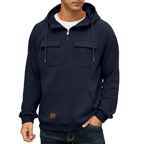 Lepunuo Men's Cargo Hoodies Quarter Zip Sweatshirts Tactical Pullover Casual Gym Athletic Loose Hooded Sweatshirts