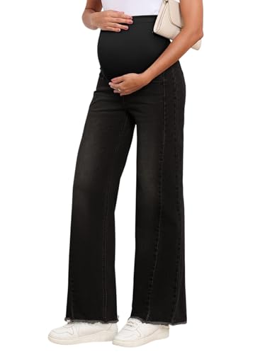 BLENCOT Maternity Clothes Bootcut Jeans for Women Raw Hem Over Belly Adjustable Waist Wide Leg Stretch Winter Denim Pregnant Pants Comfy Work Winter with Pockets Casual Outfits Medium Black