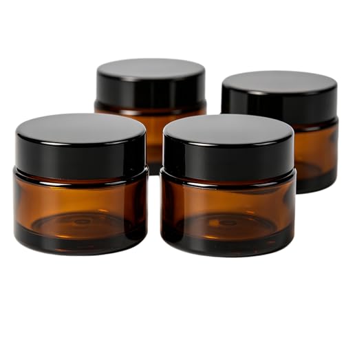 4 Pack 1oz Amber Glass Jars with Lids, Leakproof Refillable Cosmetic Jars with Inner Liners, UV Resistant Small Round Cosmetic Travel Containers for Travel, Creams, Lotions, Spices, Powder