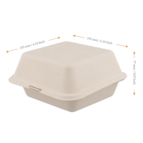 FAAING 75 Stück Einweg Burgerboxen Pappe, 155x155x77mm Hamburgerbox mit Klappdeckel, Einweggeschirr Zuckerrohr, Pommes Box To Go Foodbox aus Bagasse Take Away Box für Burger Verpackung