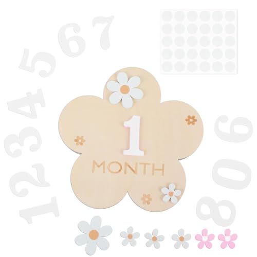 FEQDWOX 1 Unidad Tarjetas de Hitos Mensuales para Bebe con Puntos de Pegamento Estilo Flor Tarjeta Mensual de Madera Bebés Accesorios para Fotos para Bebés de 0-12 Meses Baby Shower cumple mes