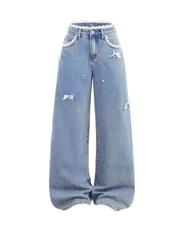 Verdusa Girl's Lace Pearl Bow Jeans Wide Leg Denim Pants with Pockets