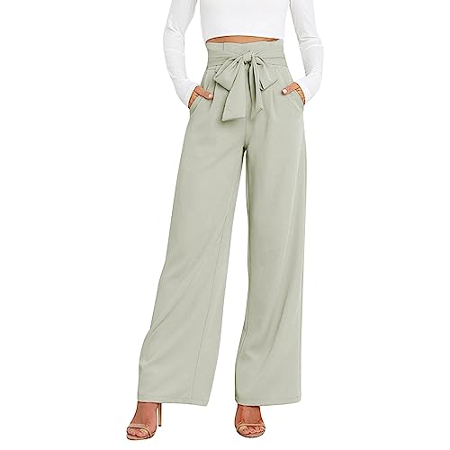 Womens High Waist Pants Business Casual Wide Leg Pants Solid Color Straight Leg Trousers Trendy Loose (Mint Green, S)