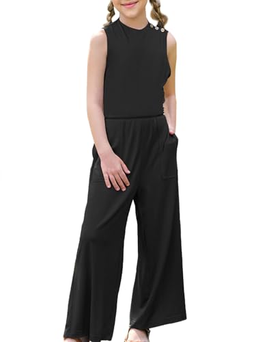 Haloumoning Mädchen Jumpsuits Weites Bein Hosen Loose Fit Ausgeschnittener...