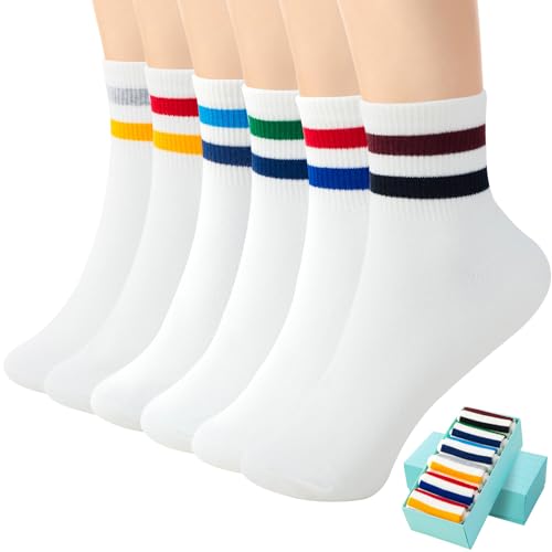 Image of SISOSOCK Quarter Crew Cotton Socks for Women Striped Athletic Casual Breathable Socks 6 Pairs with Gifts Box