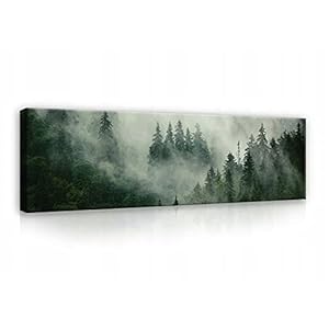 Schilderij op Canvas 145×45 cm – Afbeeldingen Panorama Bos Mist Natuur Modern Slaapkamer Liggend formaat Canvas Muurschilderingen Foto op Canvas UV-bestendig Geurvrij Ophangklaar