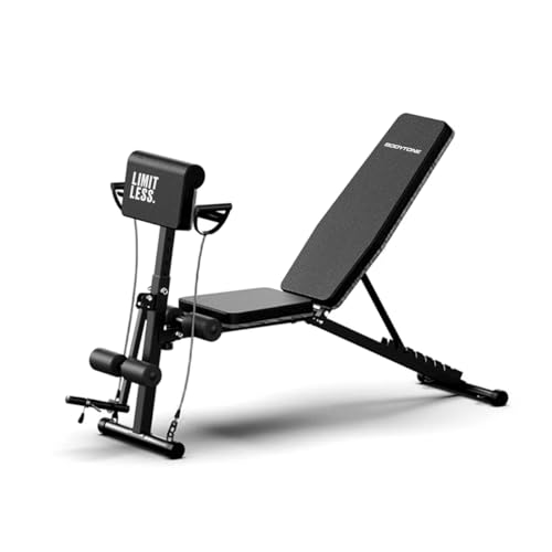 Bodytone - Banco de Musculación - Respaldo Ajustable en 7 Posiciones, Estructura de Acero, Tapizado en Semipiel, Gomas Elásticas y Extensor, Ideal para Casa - Peso de Usuario 130 kg - DB3