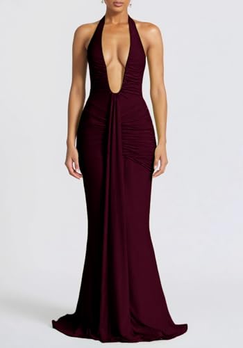 SHINFY Women Summer Halter Maxi Dress Ruched Bodycon V Neck Formal Cocktail Party Evening Dress2