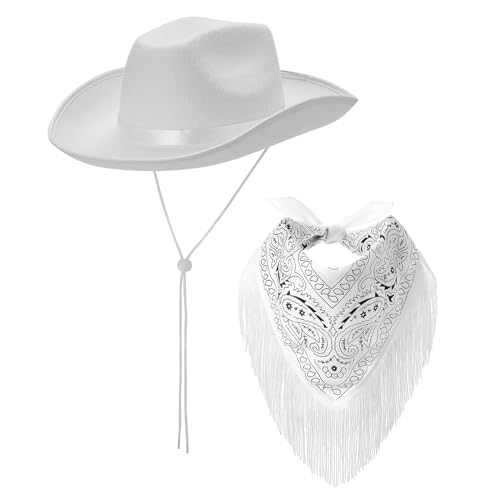 Western Cowboy Hat and Bandana Set Wide Brim with Sequins Cowgirl Hats & Tassel Scarf for Cosplay Party Dress Up (White 16.61 * 12.91 * 5.59inch)