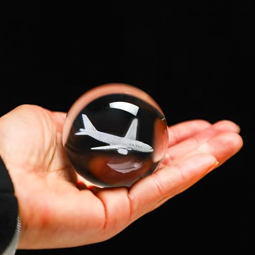 HDCRYSTALGIFTS Kristallkugel mit 3D-Lasen-Gravur, Flugzeug-Kristallkugel mit Ständer, Glaskugel, Flugzeug, Briefbeschwerer, Dekoration, Geschenk für Herren, 60 mm