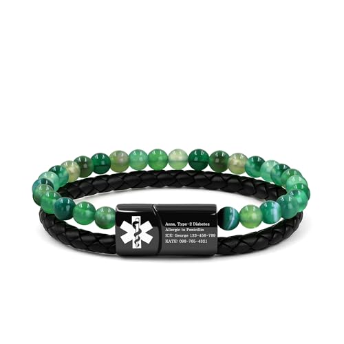 Vivaday Personalisiertes Alarm-Armband zum Selbermachen | Lederarmband mit Perlen | Armband mit lasergravierten medizinischen Informationen | Leichtes, allergiesicheres Fitness-Accessoire YA5553