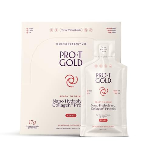 ProT Gold Liquid Collagen Protein Shot, 17g Clear Protein Nano-Hydrolyzed Grass Fed Collagen, 2g Arginine for Wound Support, Gluten Free, Sugar Free, 0g Carbs, Non GMO, Berry, 1 fl oz, 24 Pack