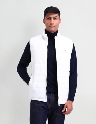 Image of Arrow Sports Men's Grey Solid High neck Sleeveless Casual Polyester Regular Fit Jacket