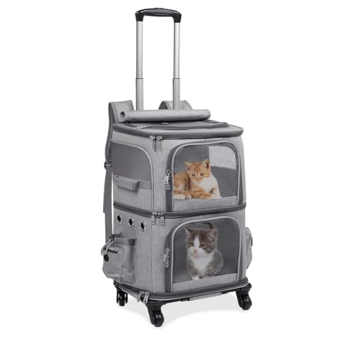 Double-Compartment Pet Carrier Backpack, Cat Travel Carrier for 2 Cats, Pet Trolley Bag, Portable Pet Travel Carrier, 2-in-1 Detachable Double Compartment Cat Carrier with Wheels for Small Cats