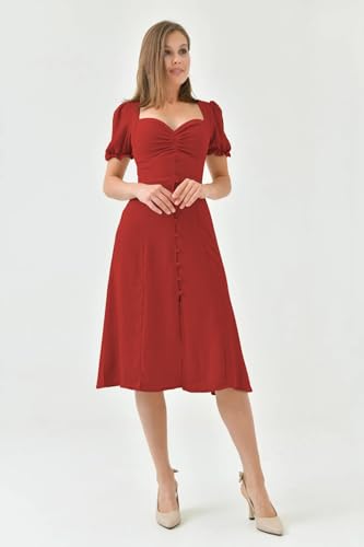 Image of Shasmi Girl's & Women's Solid Midi Dress - Elegant Square Neck Button-Down Dress with Puff Short Sleeves | Stylish Casual & Party & Office Wear Outfit (Dress 105)